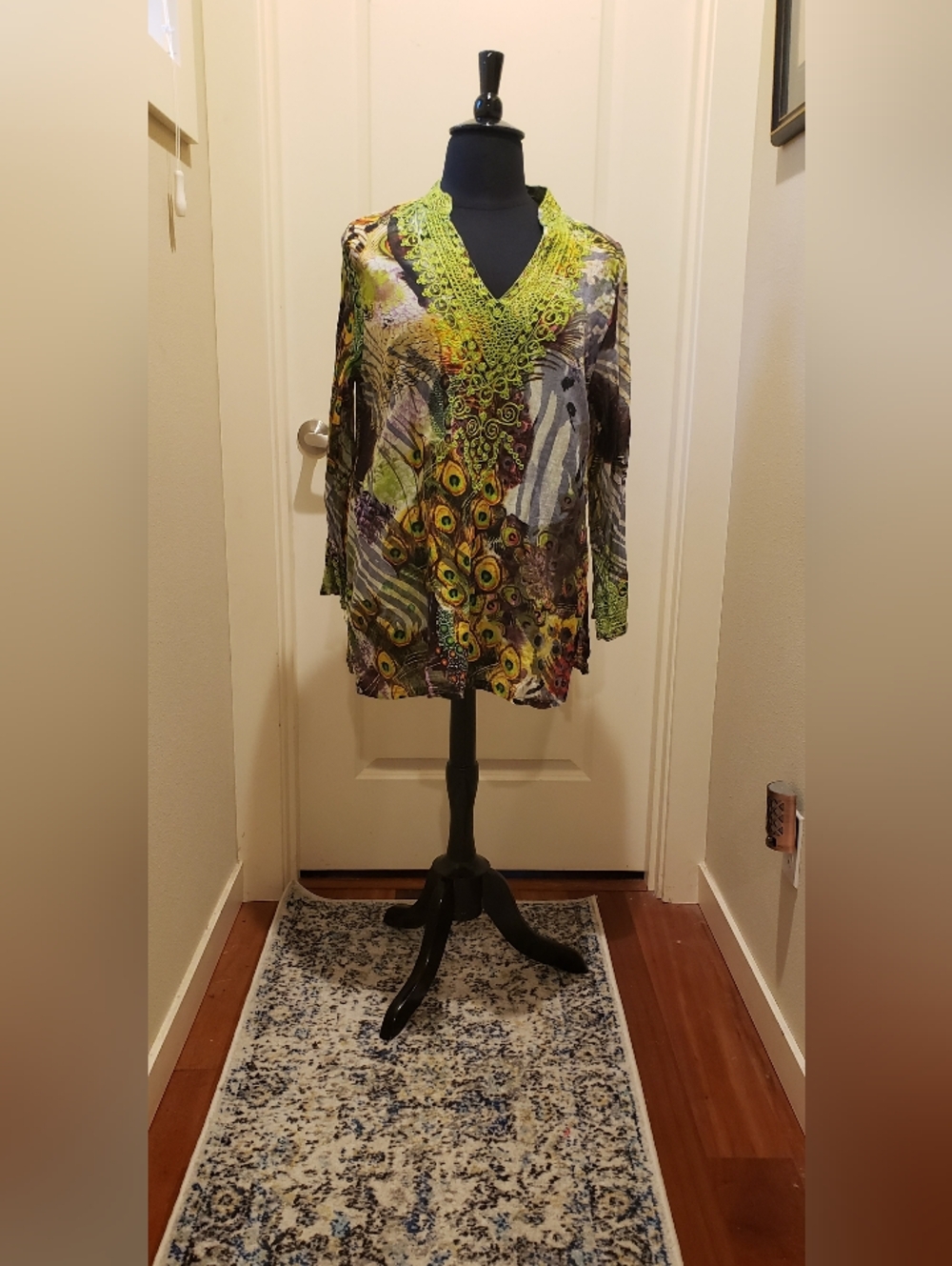 SOL Embroidered V-Neck Peacock-Print Tunic in Lime Green